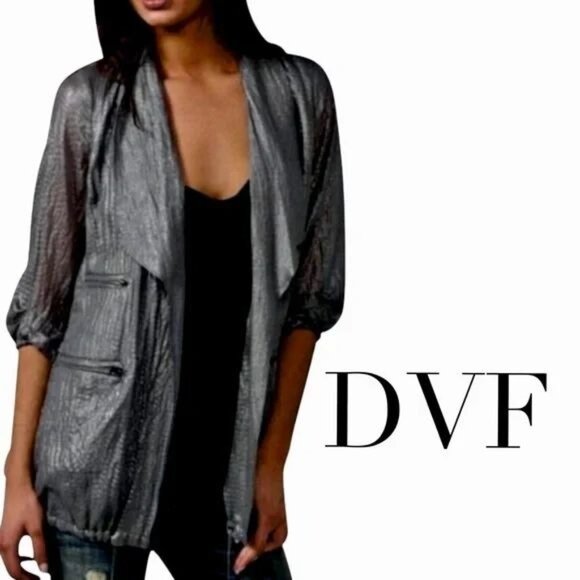 Diane Von Furstenberg 10 Brady Jacket Sheer Grey Silver Metallic Open Front - Picture 1 of 6